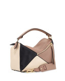 Puzzle Colorblock Leather Satchel Bag, Hazelnut/Black/Ivory