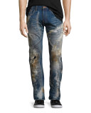 Stained & Distressed Slim-Straight Jeans, Blue