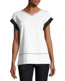 Short-Sleeve Contrast-Trim Punto Milano Top, White/Black