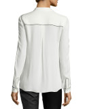 Yvette Long-Sleeve Contrast-Piped Silk Blouse, Antique