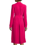 Long-Sleeve Belted Silk Shirtdress, Petite