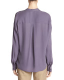 Banded-Collar Concealed-Placket Silk Blouse