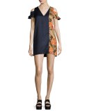 Floral-Trim Hammered Satin Cold-Shoulder Mini Dress, Black/Multicolor