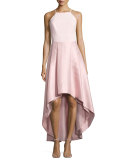 Pleated Halter-Neck High-Low Dress, Blush