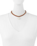 Braided Leather Necklace with Pearl Charm, Brown