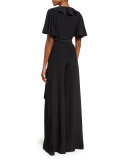 V-Neck Ruffled Silk Jumpsuit, Black