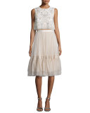 High-Waist Tulle Skirt W/Lace Trim, Rose Beige
