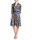 3/4-Sleeve Printed Shirtdress, Marine Blue