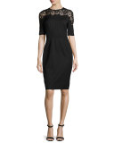 Short-Sleeve Lace-Inset Sheath Dress, Black