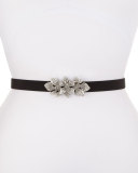 Floral Rhinestone-Buckle Silk Faille Belt, Black