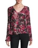 Roesia Floral-Print V-Neck Silk Blouse, Rosy Bluebonnet