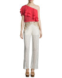 Beaded Crochet-Lace Wide-Leg Pants, Ivory