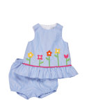 Sleeveless Floral Corduroy Shift Dress w/ Bloomers, Blue, Size 3-24 Months