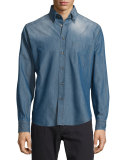 Button-Front Chambray Dress Shirt, Blue Solid