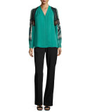 Raine V-Neck Silk Blouse w/ Lacy Printed Sleeves, Jade Multi