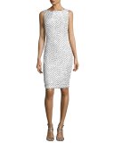 Sleeveless Mesh Lace Cocktail Dress, White/Silver