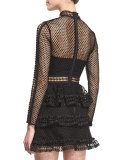 Long-Sleeve Tiered Lace Mini Dress, Black
