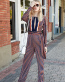 Starla Long-Sleeve Rickrack Stripe Jumpsuit, Khaki/Midnight/Orange