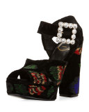 Anjelica Floral-Beaded Velvet 130mm Sandal, Black/Multi