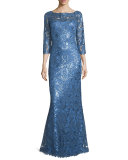 3/4-Sleeve Floral Paillette Lace Gown