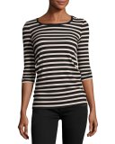 3/4-Sleeve Striped Jersey Top, Pink/Black