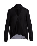 Long-Sleeve Draped Silk Charmeuse Blouse, Black