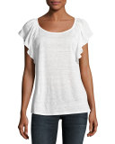 Hava Linen Slub Ruffle-Sleeve T-Shirt, White