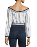 Cannes Off-the-Shoulder Belted Crop Top, Blue/White