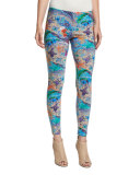 Paisley-Print Low-Rise Leggings, Turquoise/Purple