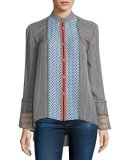 Bell-Sleeve Silk Mixed-Print Blouse, Light Pumice