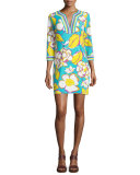 3/4-Sleeve Floral-Print Tunic Dress, Azure