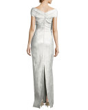 Off-the-Shoulder Ruched Jacquard Column Gown, Champagne