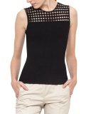 Lace-Yoke Sleeveless Top, Black