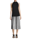 Striped Cotton Crepe Plisse Skirt, Black/White