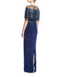 Half-Sleeve Ombre Illusion Gown, Electric