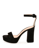 Suede Platform Ankle-Wrap Sandal, Black