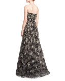 Strapless Floral-Embroidered Gown, Black/Gold