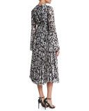 Long-Sleeve Pleated Midi Cocktail Dress