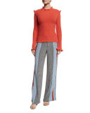 Mixed-Print Silk Wide-Leg Trousers, Light Pumice