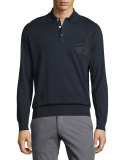 Long-Sleeve Button-Front Pullover, Blue Solid