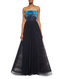 Cube-Embellished Strapless Gown, Midnight