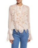 Long-Sleeve Sheer Chiffon Ruffle Blouse, Powder