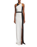 Halter-Neck Colorblock Column Gown, Black/Light Ivory