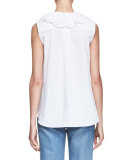Eyelet Lace-Collar Poplin Blouse, White