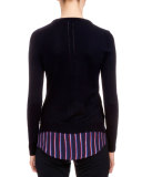 Colbert Long-Sleeve V-Neck Sweater w/Striped Hem, Navy