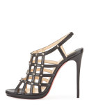 Guinievre Caged Leather Red Sole Sandal, Black/Gunmetal