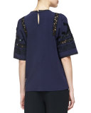 Short-Sleeve Embellished Blouse W/Lace Inset, Navy