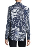 Adalyn Mixed Animal-Print Shirt, Nature White/Peacoat