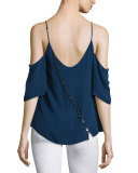 Silk Button-Back Cold-Shoulder Blouse, Midnight