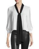 Treena 3/4-Sleeve Blouse w/Oversized Tie, Black/White